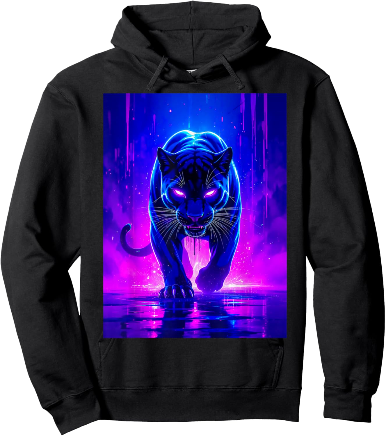 A Fierce Panther Glows in Purple and Pink Electric Flames Hoodie - Hoodie | Black