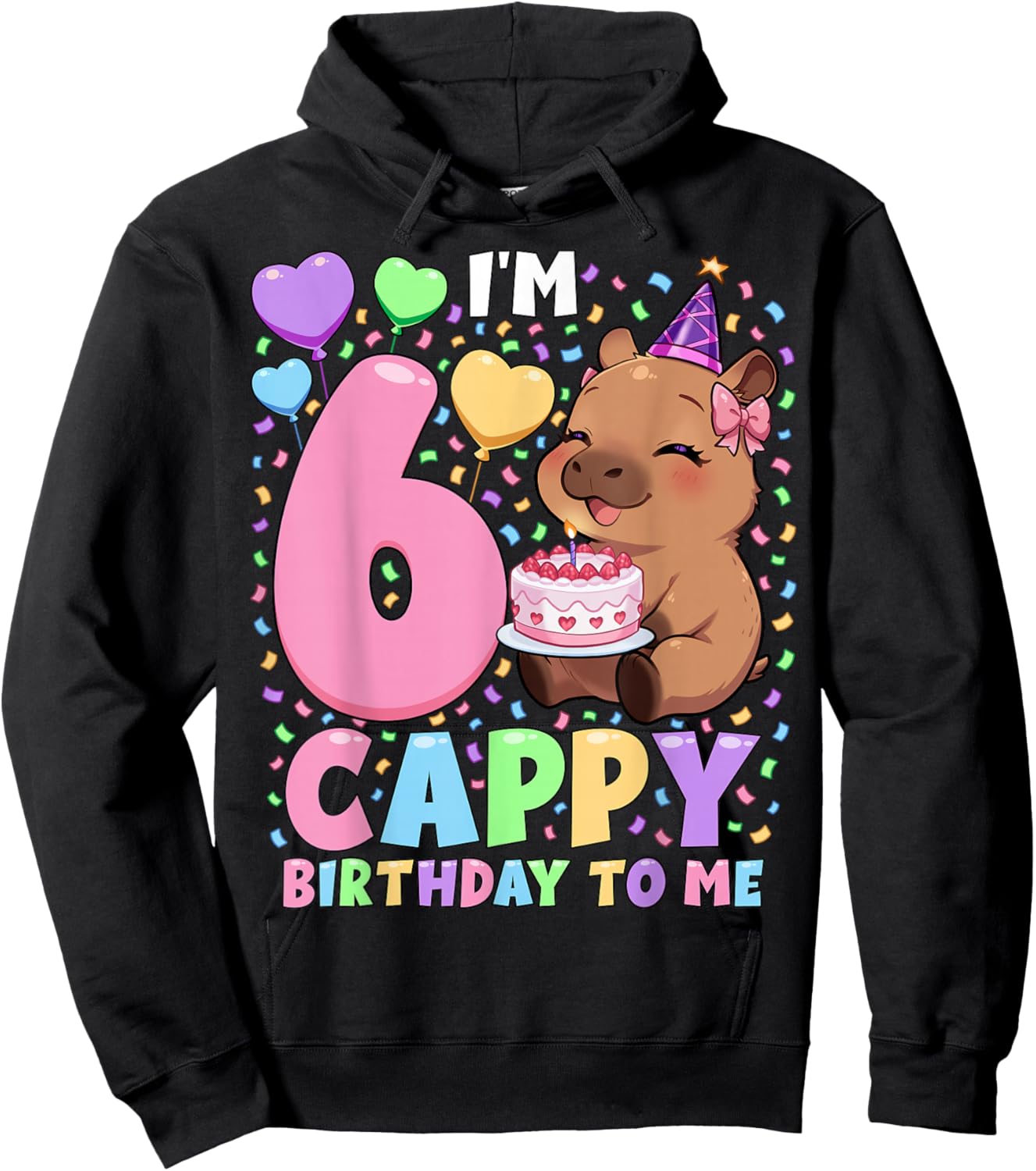 Capybara Birthday Shirt 6 Kawaii Girl Capybara 6th Birthday Hoodie - Hoodie | Black