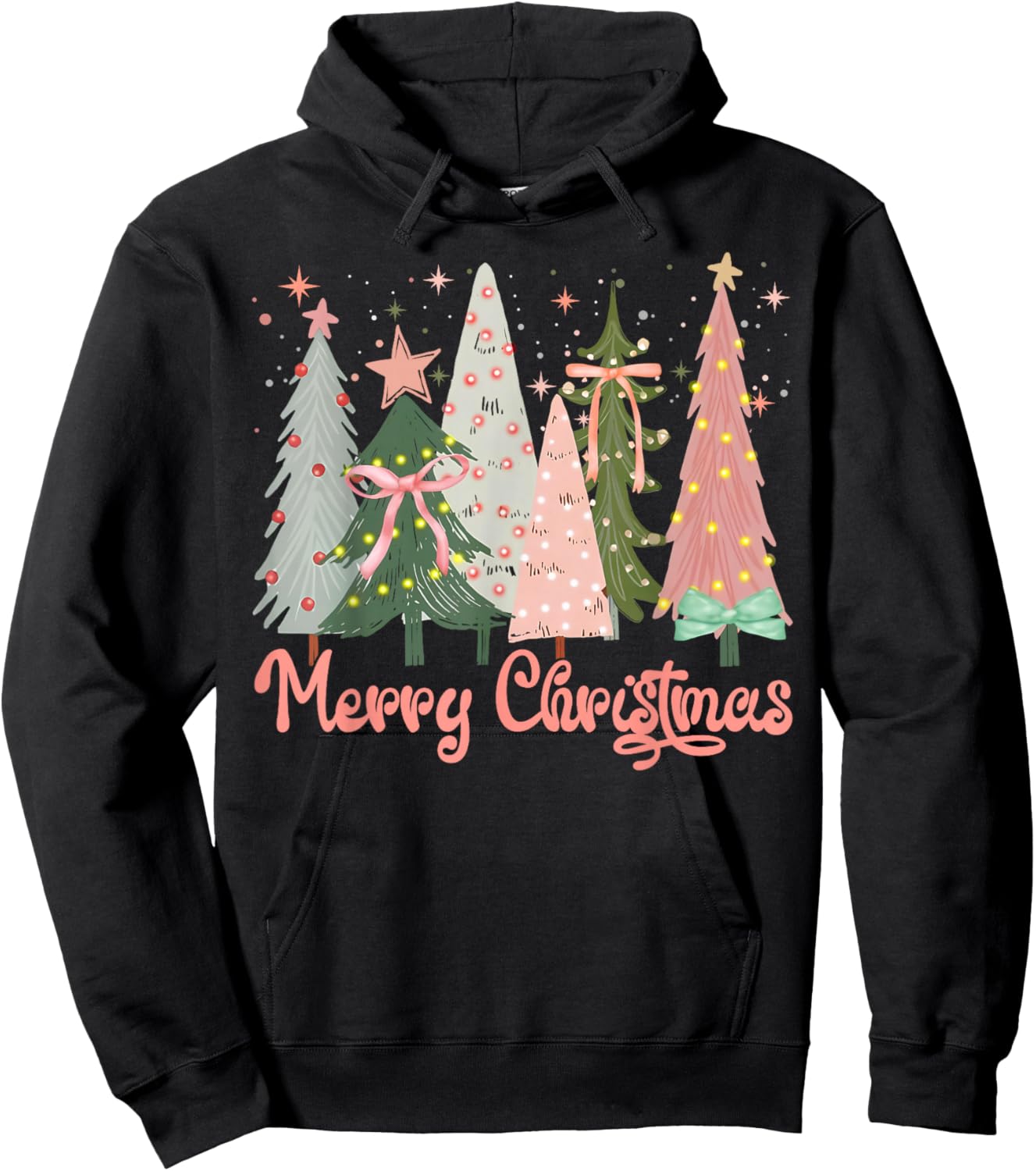 Merry Christmas Tree Boho Xmas Pink Girl Women Hoodie - Hoodie | Black