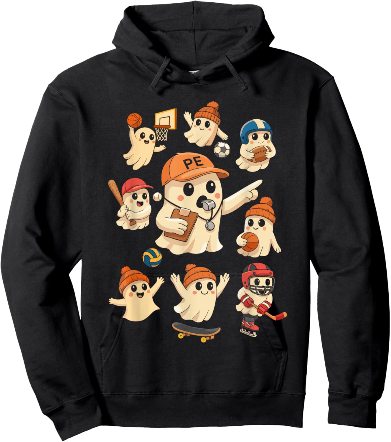 Halloween PE Teacher Ghost Playing Sports Physical Education Hoodie - Hoodie | Black