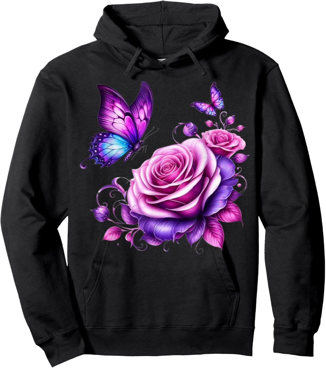 Butterfly On A Purple Colored Rose Flower Butterfly Lover Hoodie - Hoodie | Black