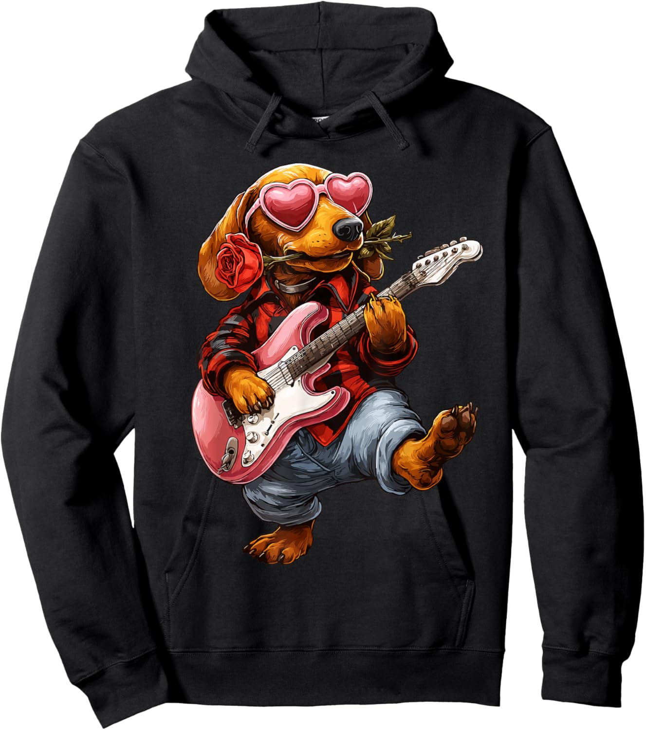 Cute Dachshund Playing Guitar Guitarist Dog Valentine's Day Hoodie - Hoodie | Black