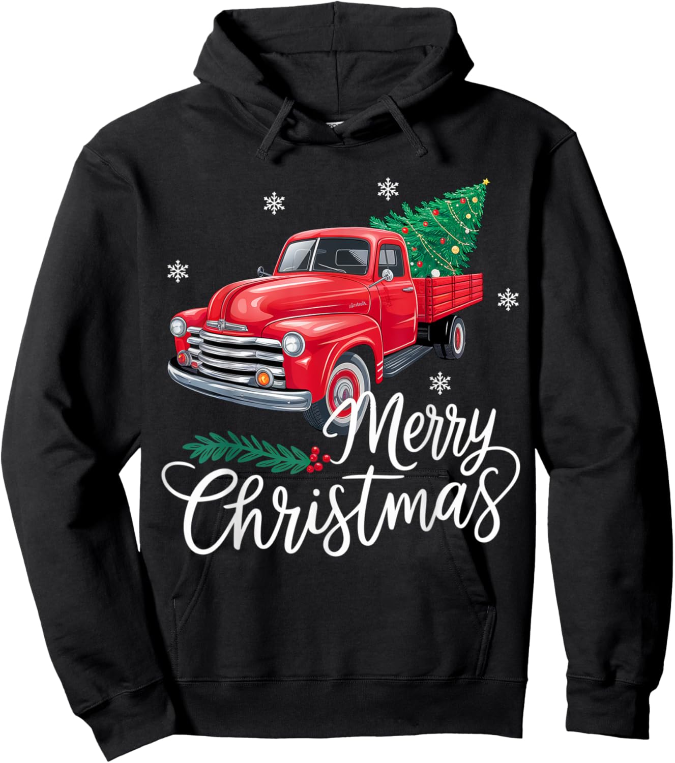 Vintage Wagon Red Truck Christmas Tree Pajama Family Xmas Hoodie - Hoodie | Black