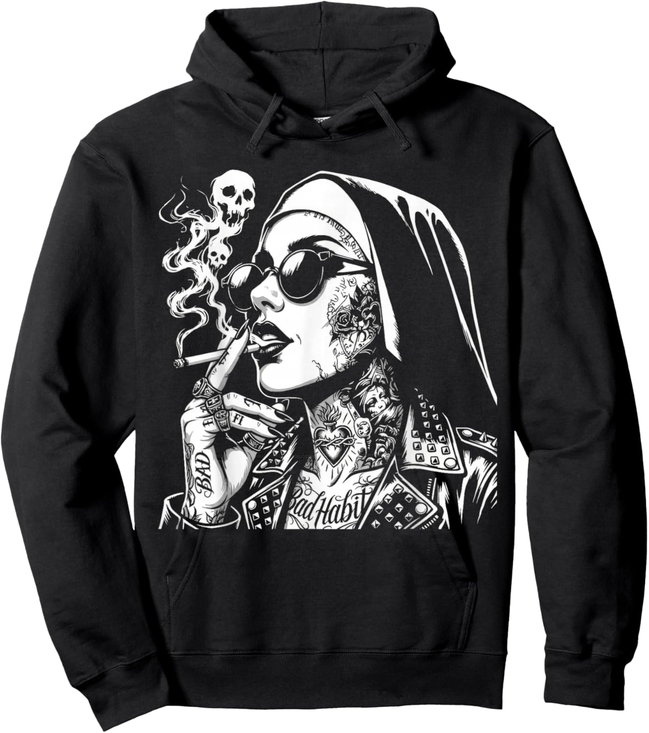 Bad Habit Nun Smoking Cigarette Tattoo Skull Smoke Street Hoodie - Hoodie | Black