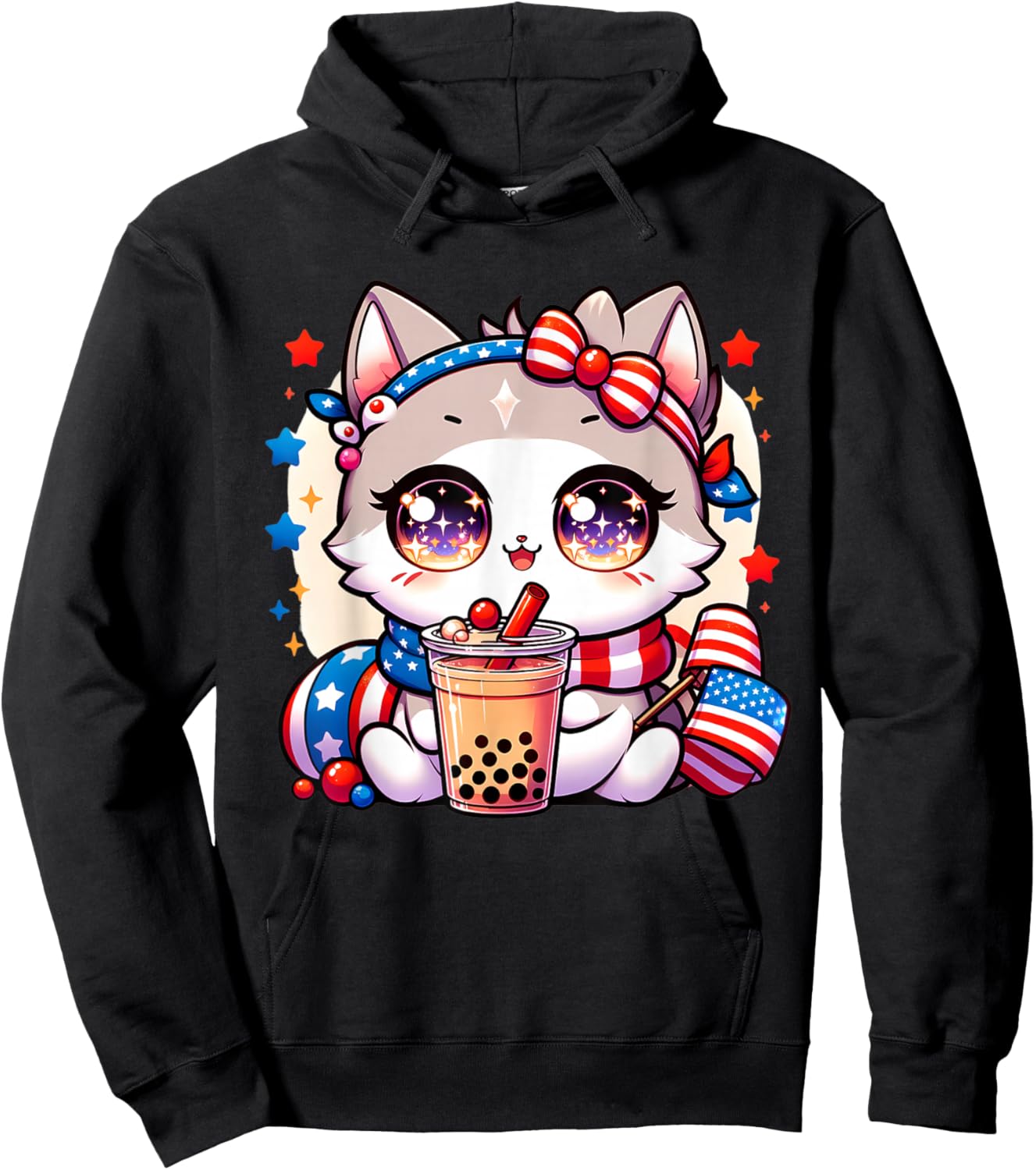Cute 4th of July Cat Shirt Girls Kawaii Anime Boba Tea USA Hoodie - Hoodie | Black