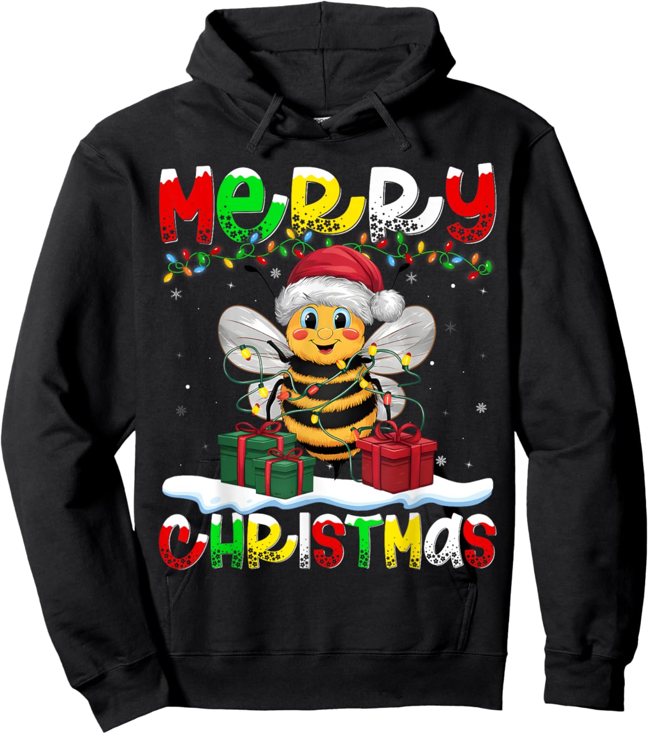 Xmas Lighting Santa Hat Bee Merry Christmas Hoodie - Hoodie | Black
