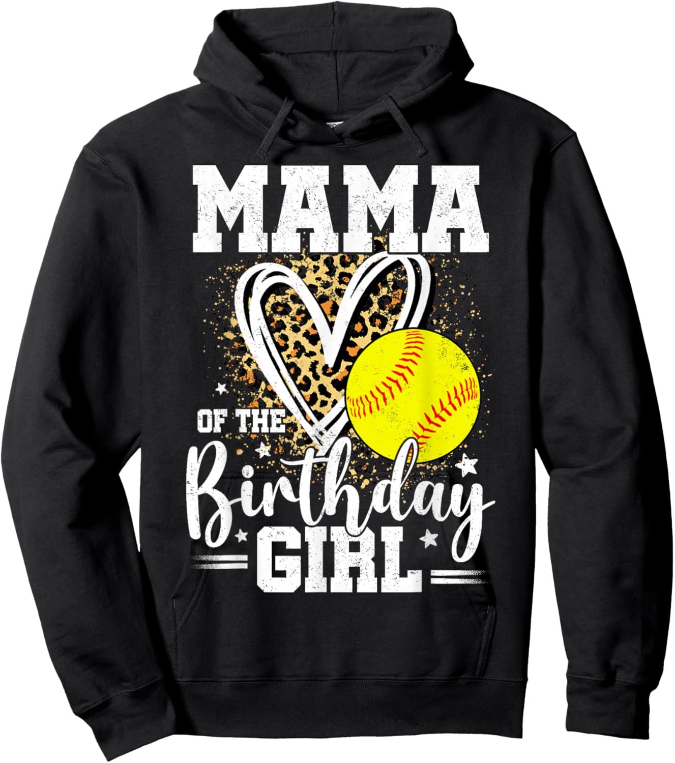 Mama of The Birthday Girl Softball Mama Leopard Heart Hoodie - Hoodie | Black