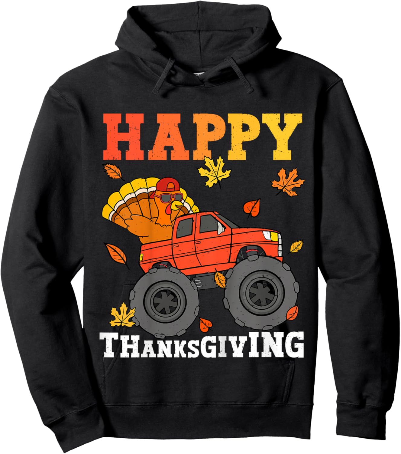 Kids Monster Truck Turkey Happy Thanksgiving Kids Toddler Boys Hoodie - Hoodie | Black