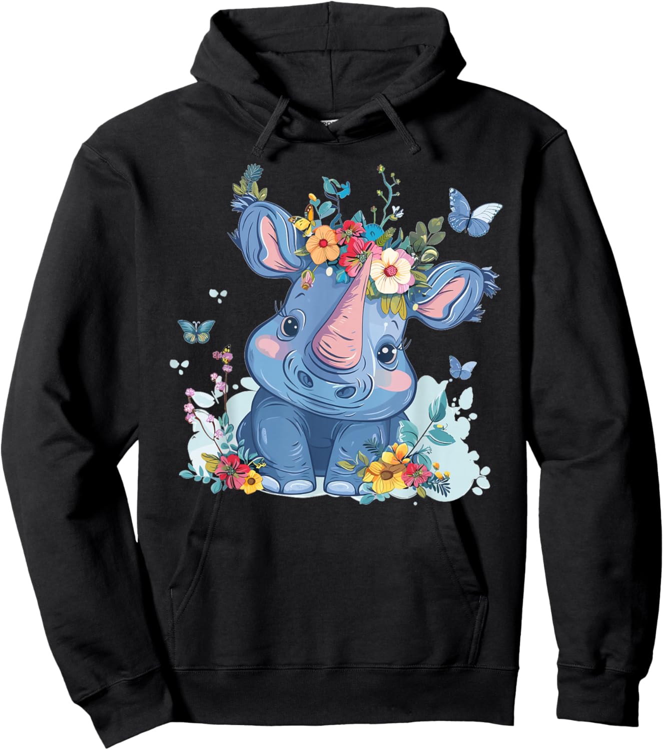 Cute Rhino With Flowers I Kids Rhino Hoodie - Hoodie | Black