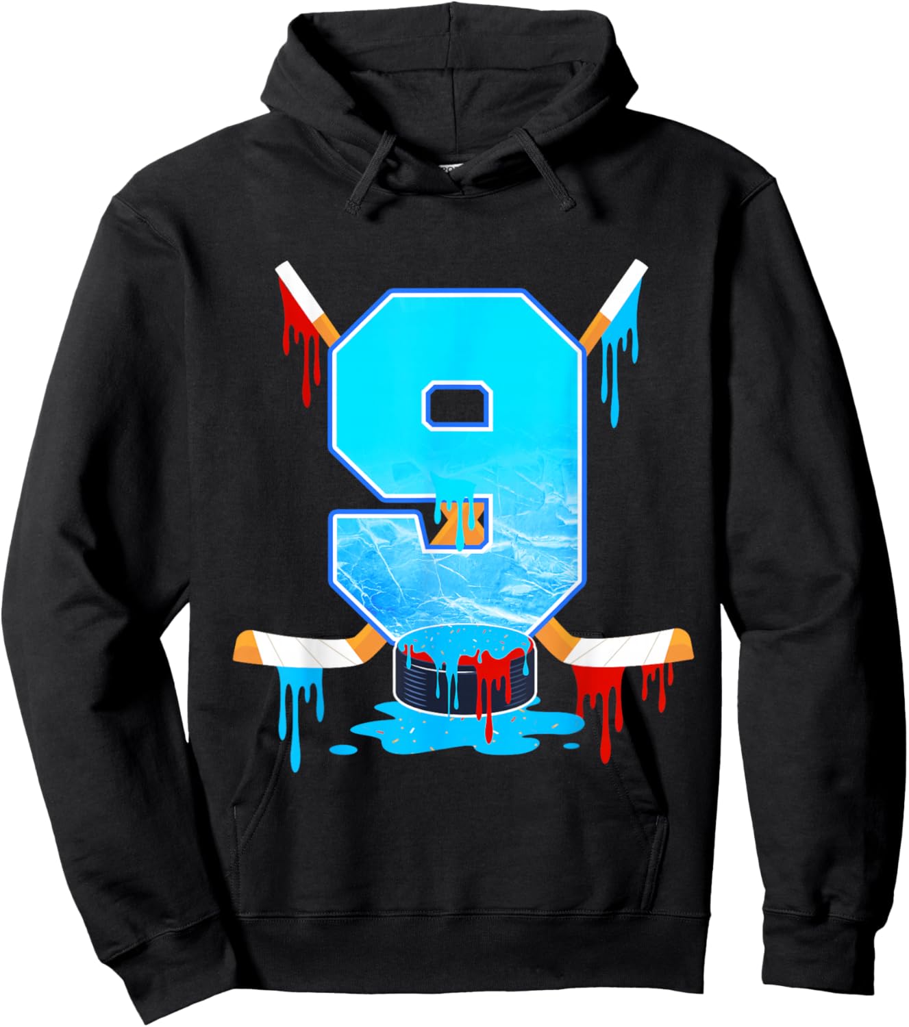 9 Year Old Boys 9th Birthday Ice Hockey Ice Cream Drip Hoodie - Hoodie | Black
