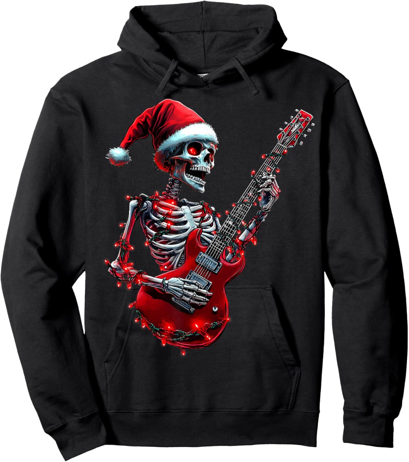 Christmas Skeleton Skull Playing Guitar Rock & Roll Music Hoodie - Hoodie | Black
