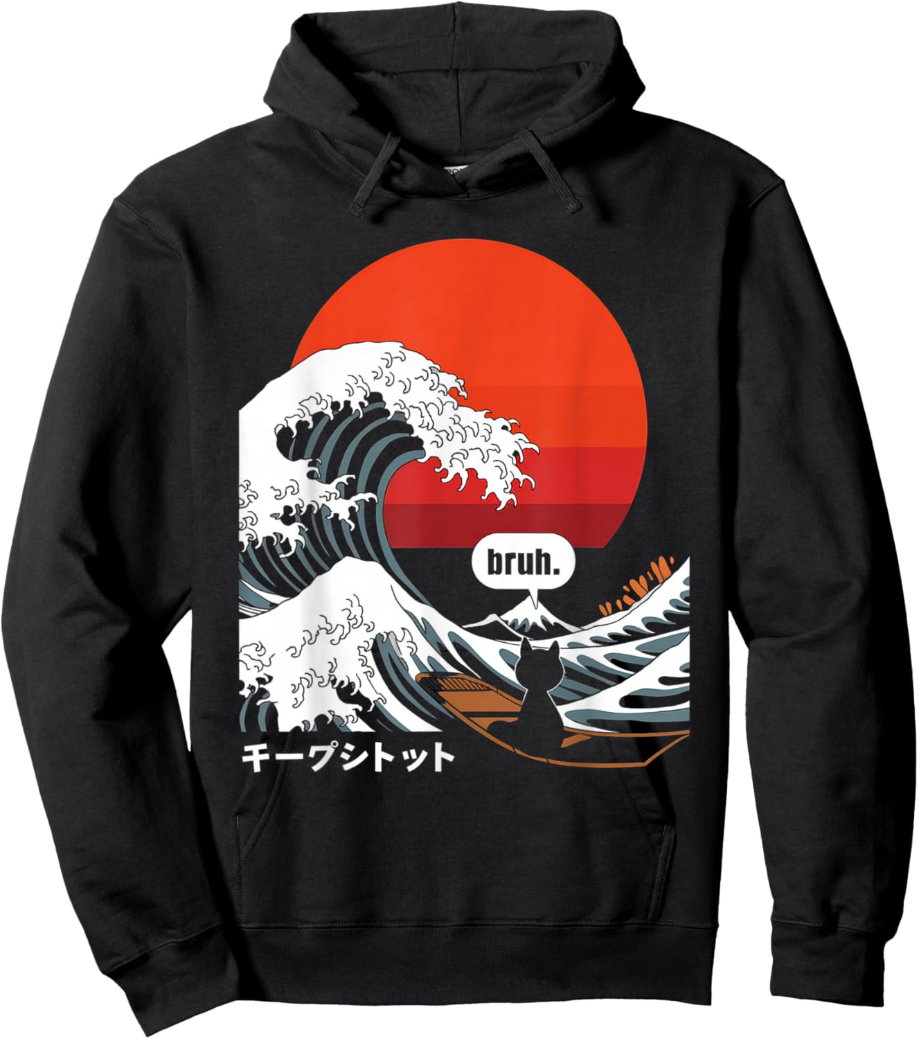Japonais Bruh Great Wave Cat Japon Rétro Hoodie - Hoodie | Black