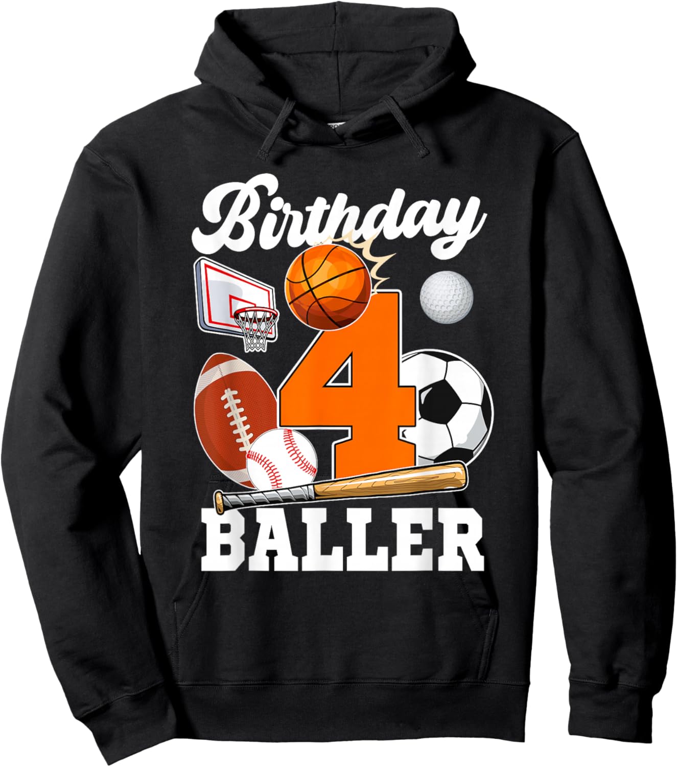 4 Year Old Birthday Baller 4th Birthday Sports Ball Theme Hoodie - Hoodie | Black
