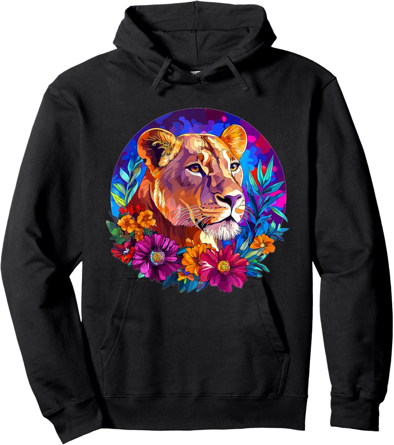 Lioness in Vibrant Floral Jungle Hoodie - Hoodie | Black