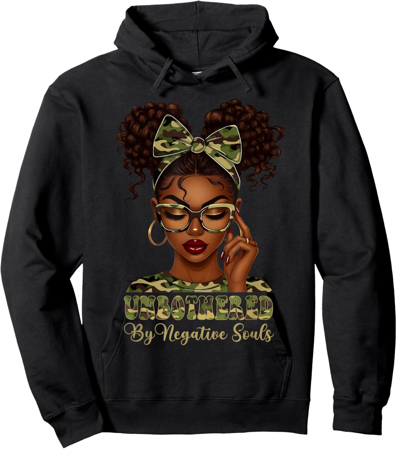 Unbothered By Negative Souls Black Girl Woman Camouflage Bow Hoodie - Hoodie | Black