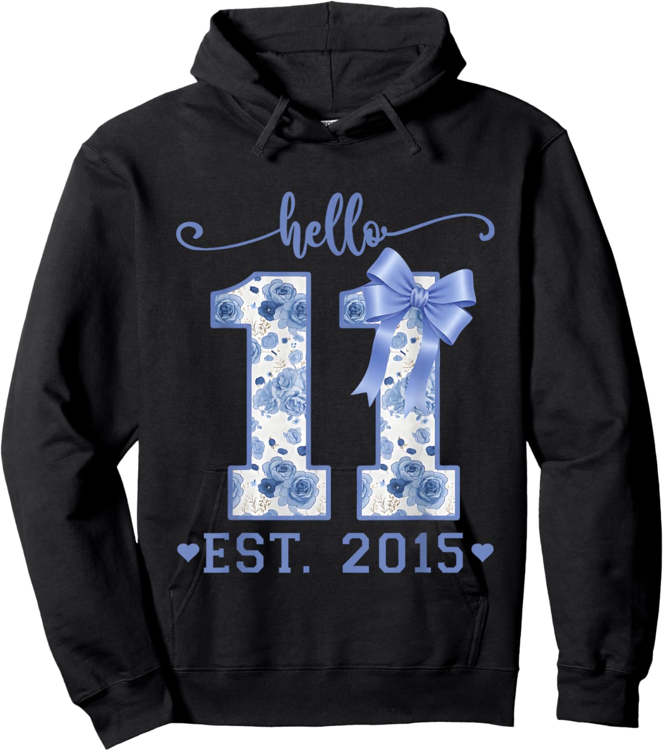 Hello 11 Est 2015 Blue Coquette Bow 11th Birthday Girl Hoodie - Hoodie | Black