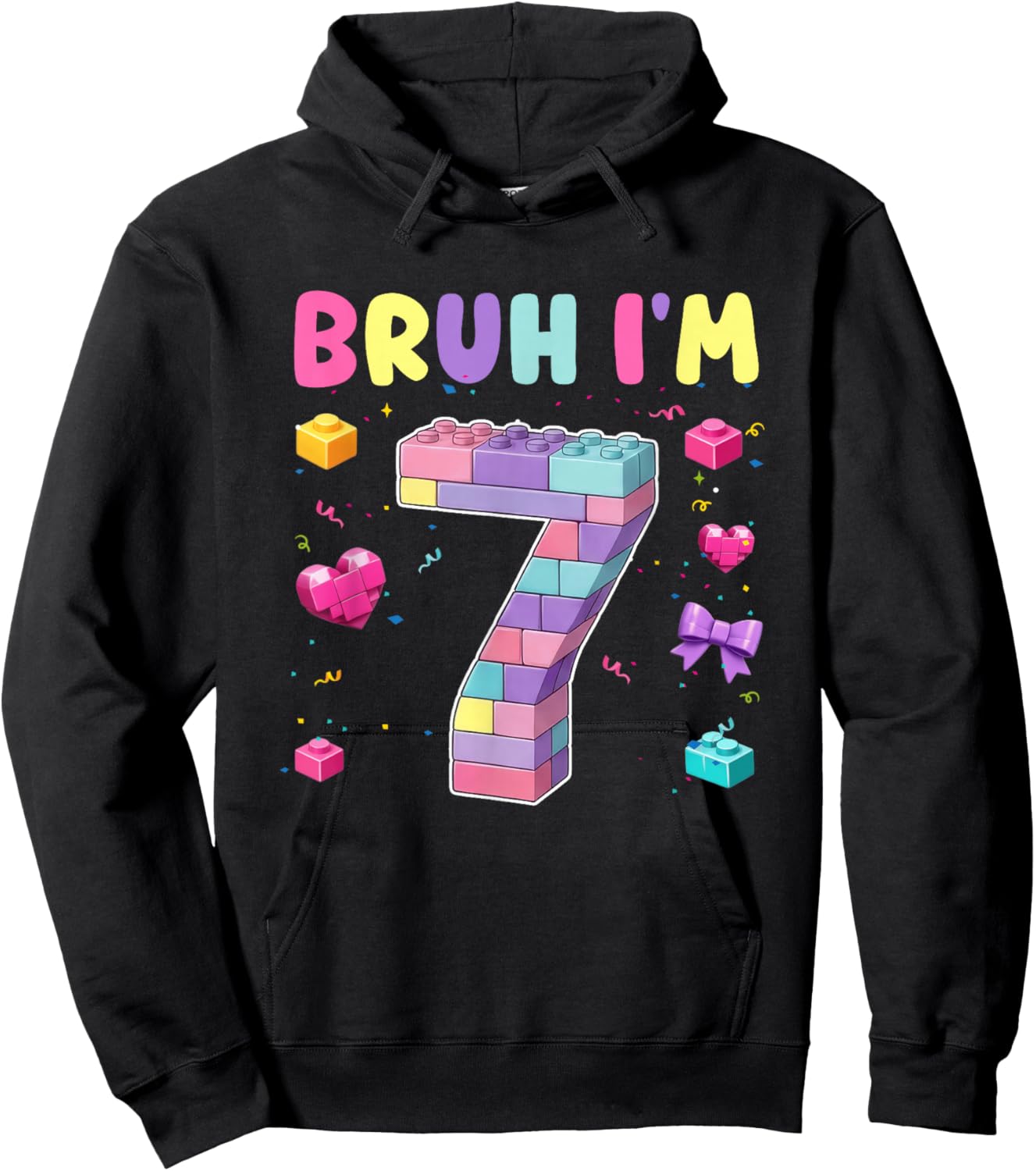 Bruh I'm 7 Year Old Girl Birthday Building Block Themed Hoodie - Hoodie | Black
