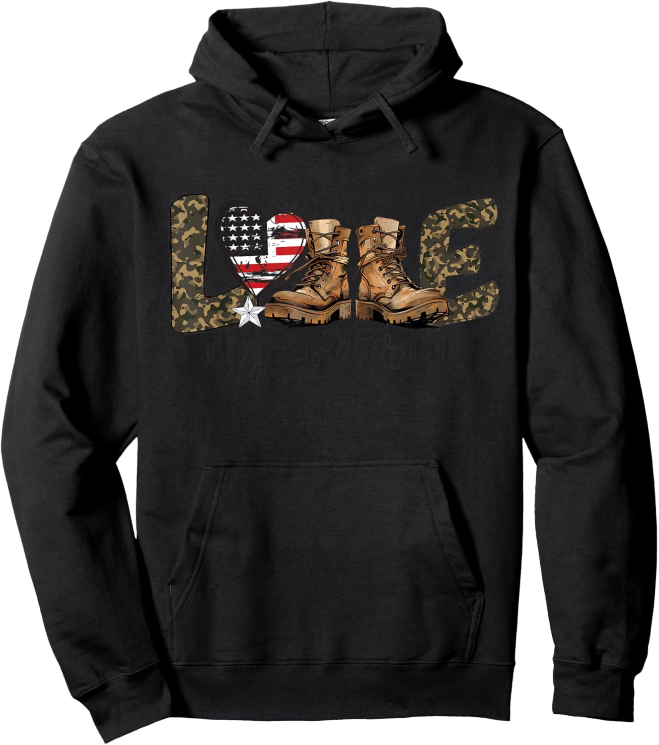 I Love My Veteran USA Flag Heart Military Veteran Family Hoodie - Hoodie | Black