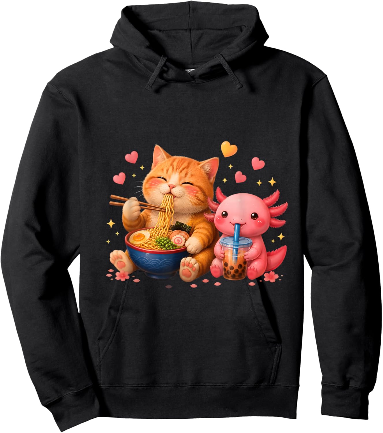 Cute Cat and Axolotl Ramen Bubble Tea Kawaii Anime Teens Hoodie - Hoodie | Black