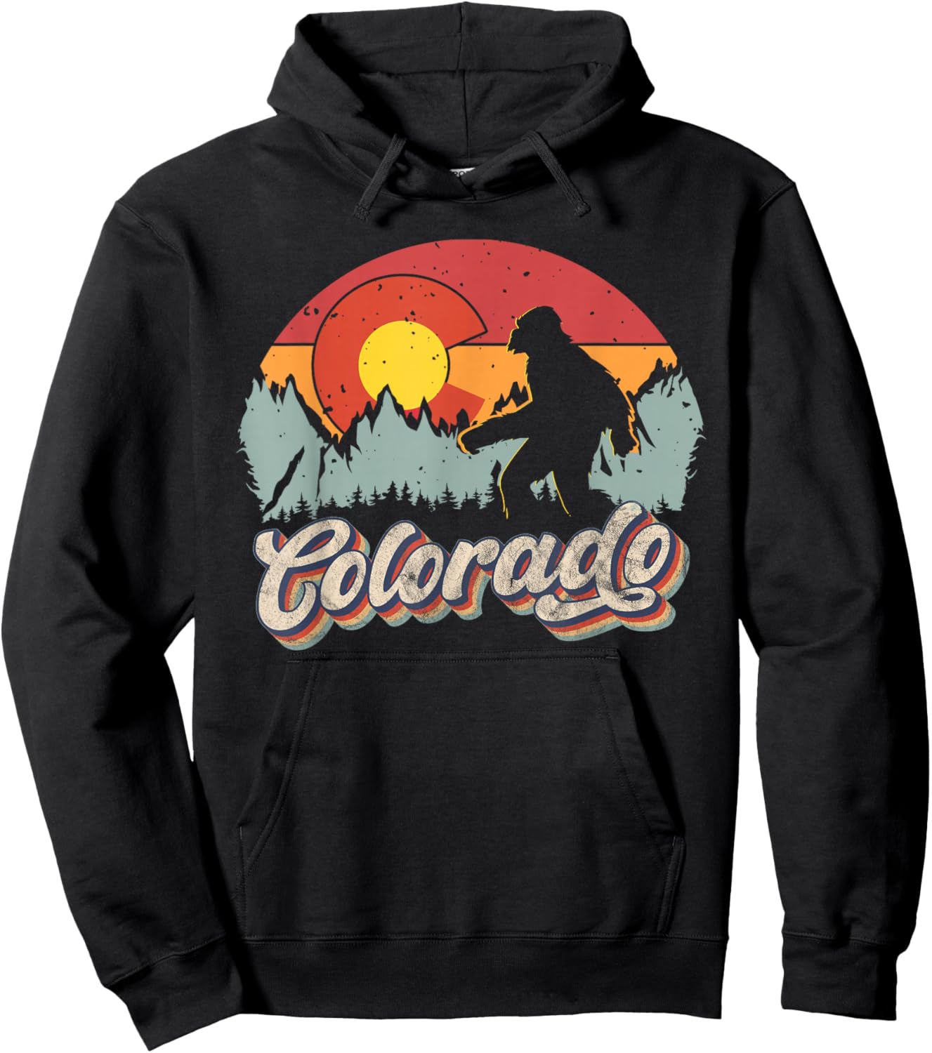 Colorado Mountain Hiking Bigfoot Camping Retro 80s Sasquatch Hoodie - Hoodie | Black