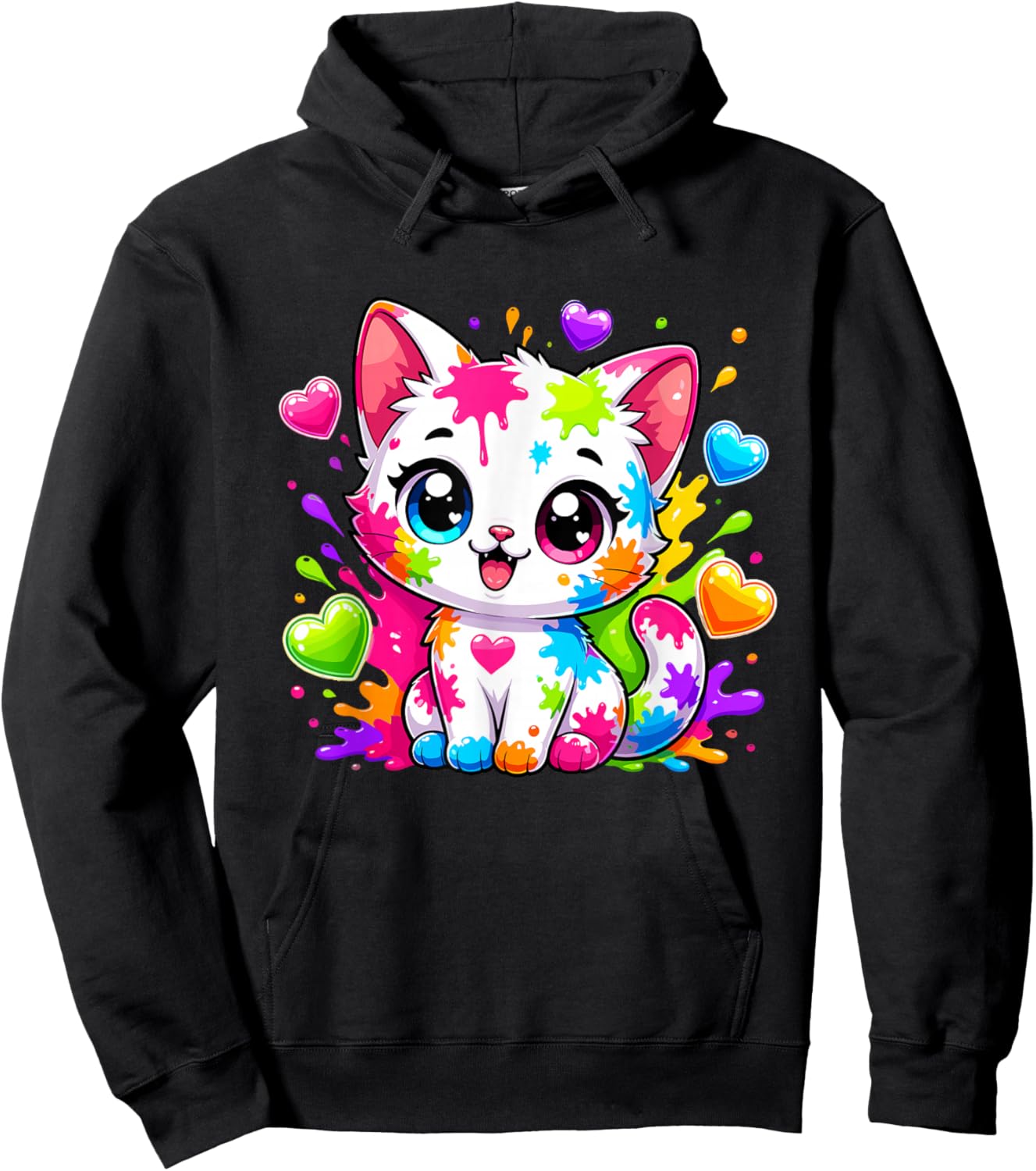 Coloré Rainbow Paint Splash Kawaii Chaton Mignon Hoodie - Hoodie | Black