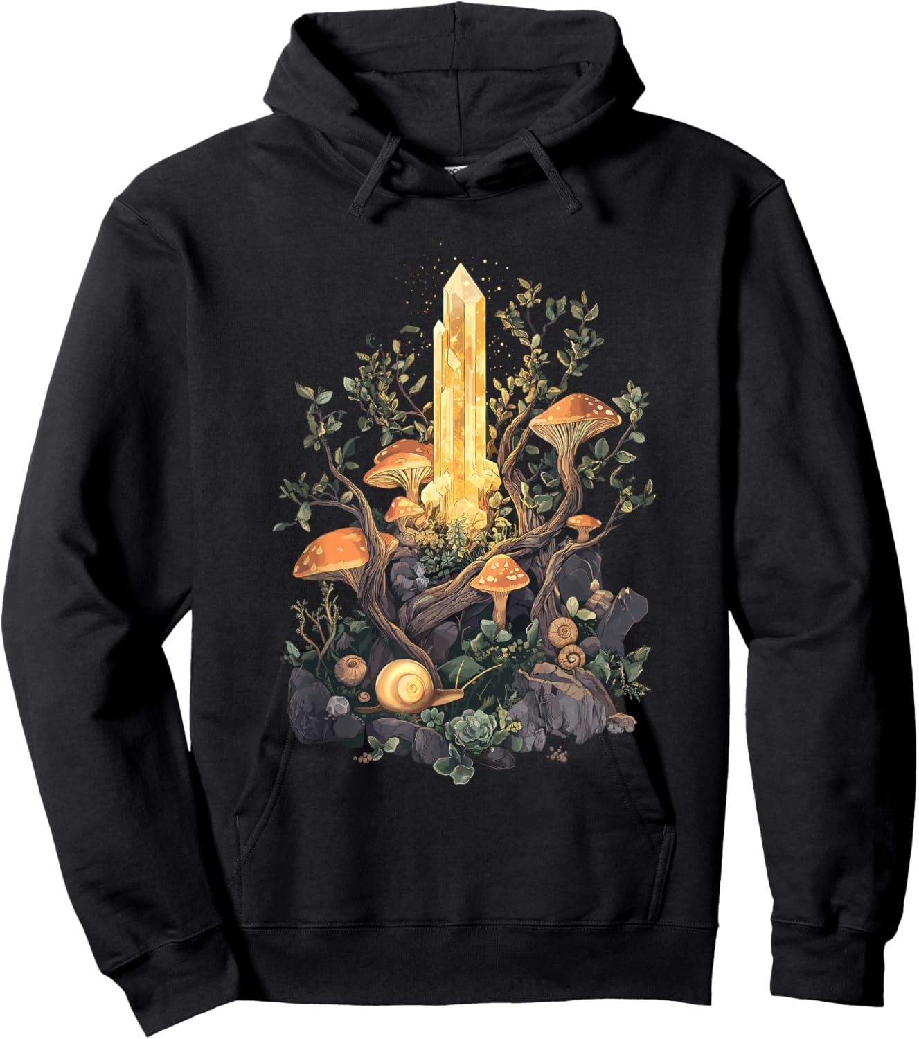 Crystal with Forest Mushrooms and Snails - Goblincore Hoodie - Hoodie | Black