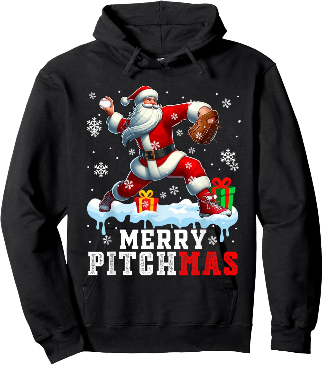 Merry Pitchmas Christmas Santa Pitcher Playing Baseball Hoodie - Hoodie | Black