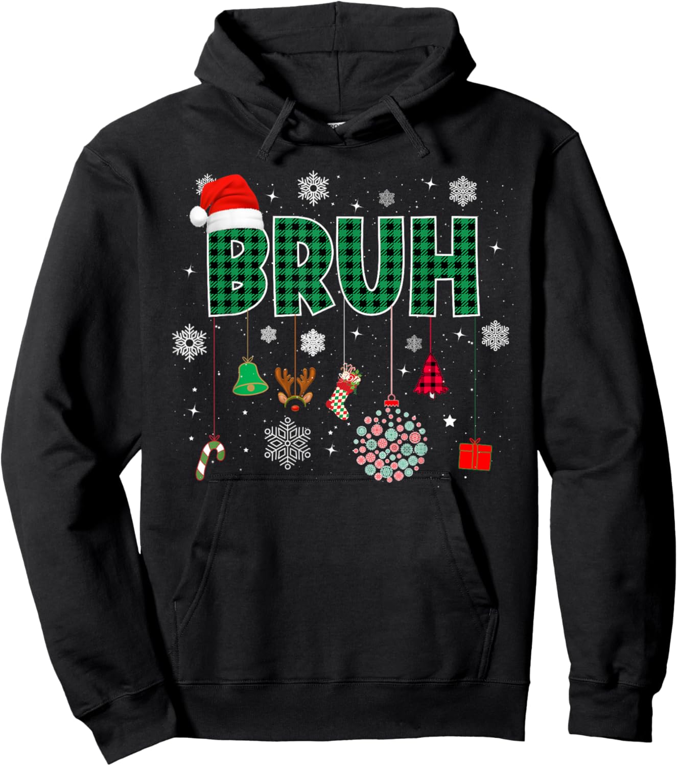 Bruh Christmas Green Plaid Boys Kids Girls Xmas Pajamas Hoodie - Hoodie | Black