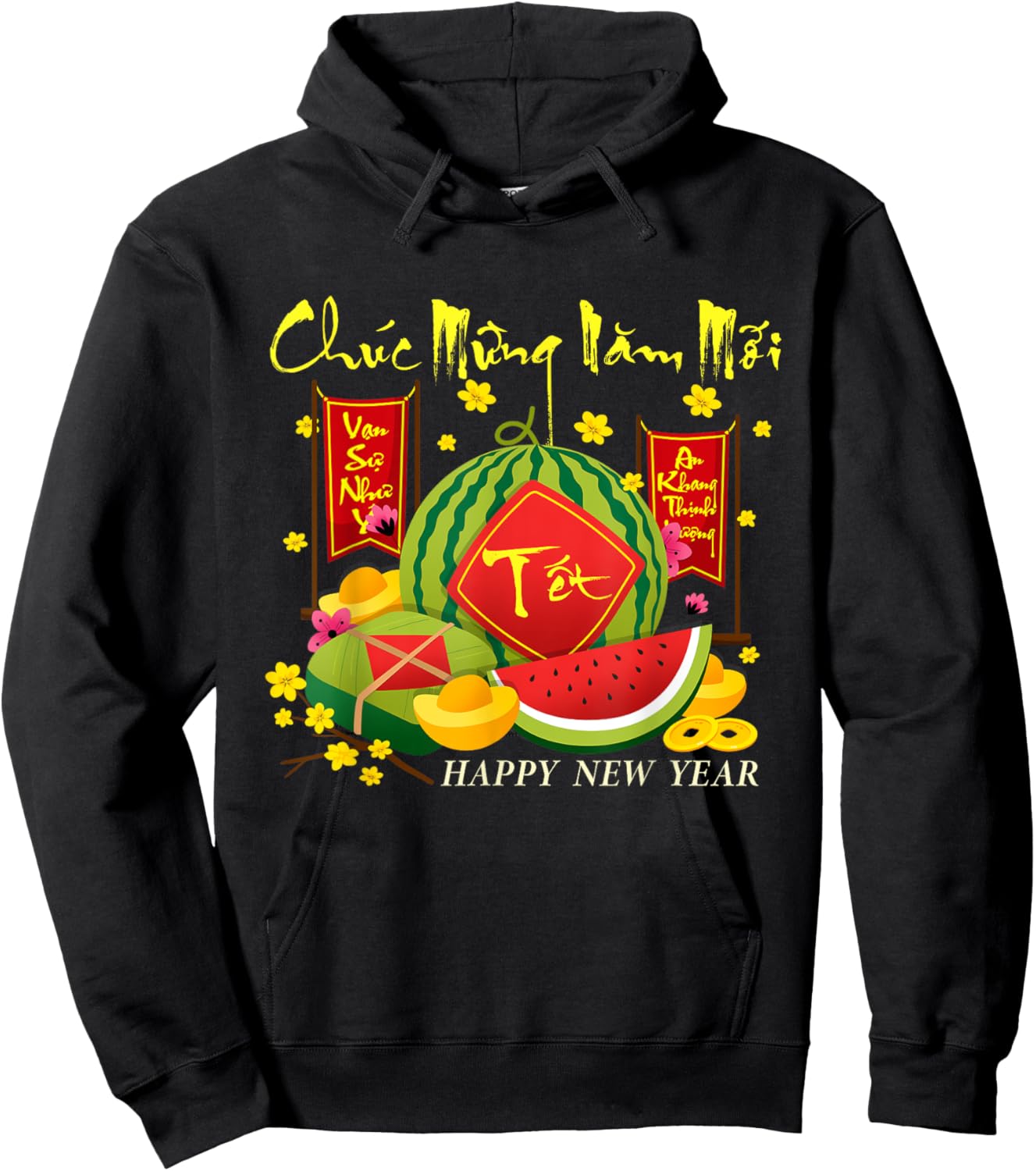 Happy Vietnamese Lunar New Year Wishes Chuc Mung Nam Moi -Adults Black Short Sleeve Classic Fit Cotton Blend Hoodie - Hoodie | Black