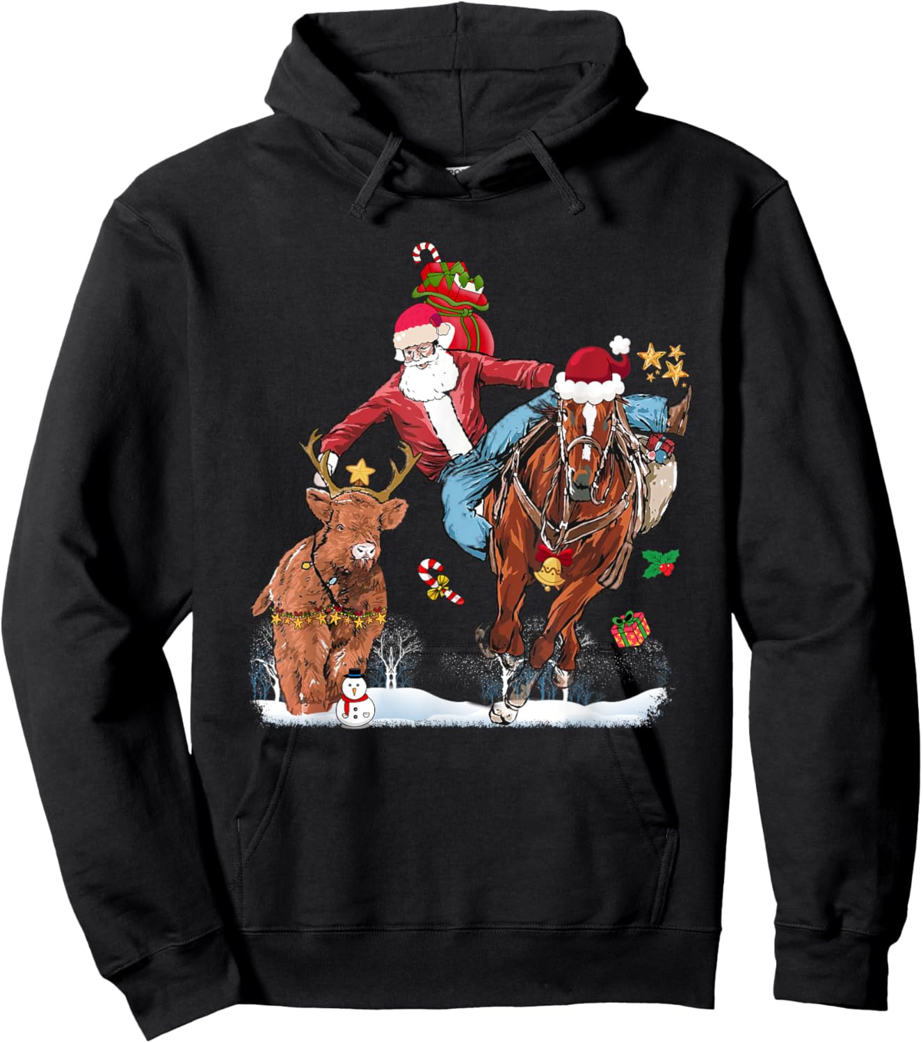 Cowboy Santa Bulldogging Western Cowboy Xmas Funny Christmas Hoodie - Hoodie | Black