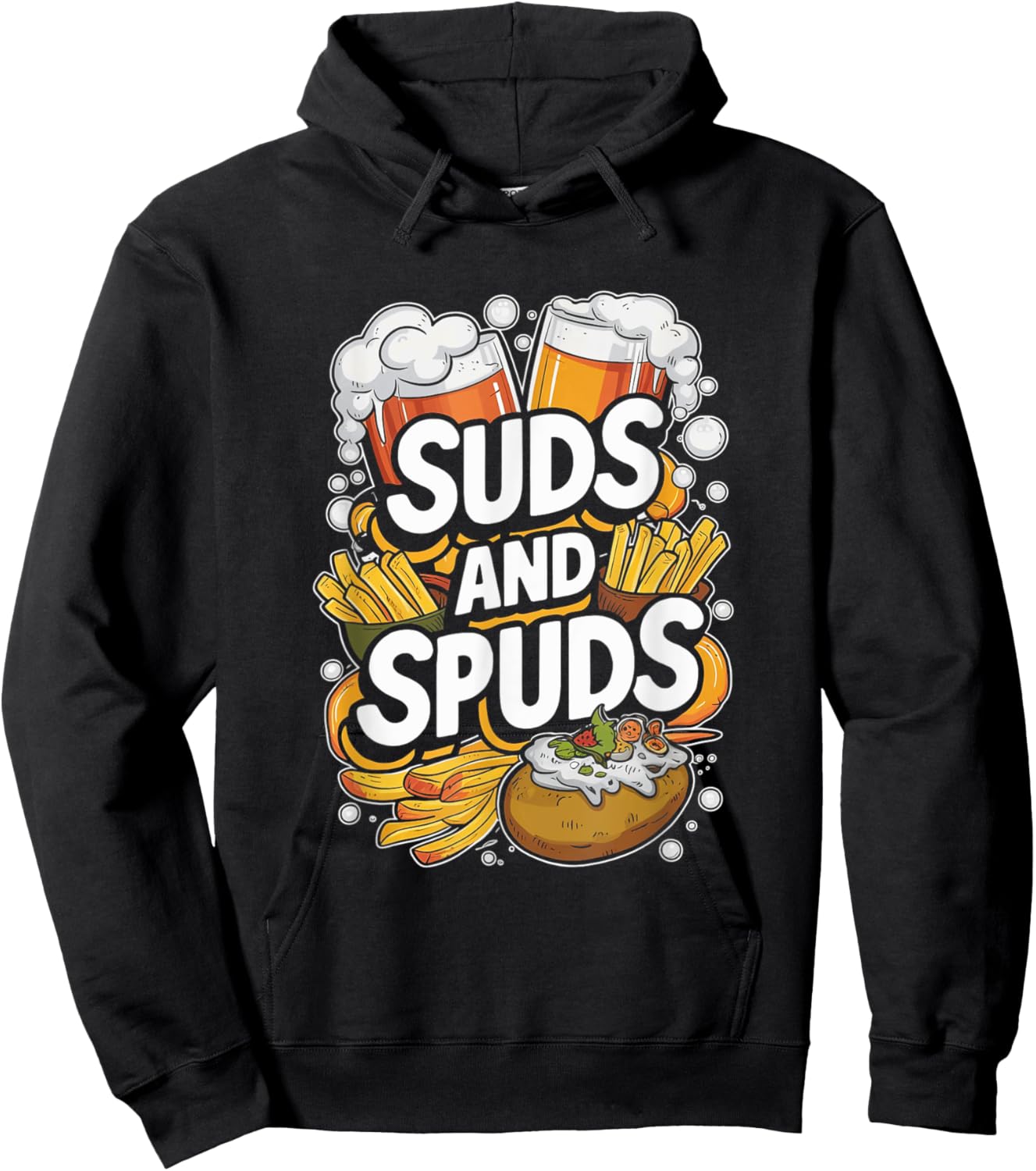 Suds and Spuds Enjoyment Celebration Cool Beer and Snacks Hoodie - Hoodie | Black