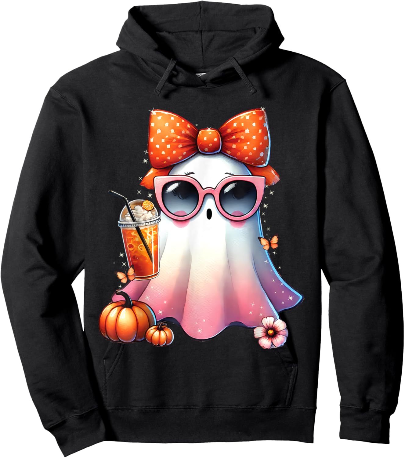 Cute Ghost Drinking Coffee With Halloween Bow Women Girls Hoodie - Hoodie | Black