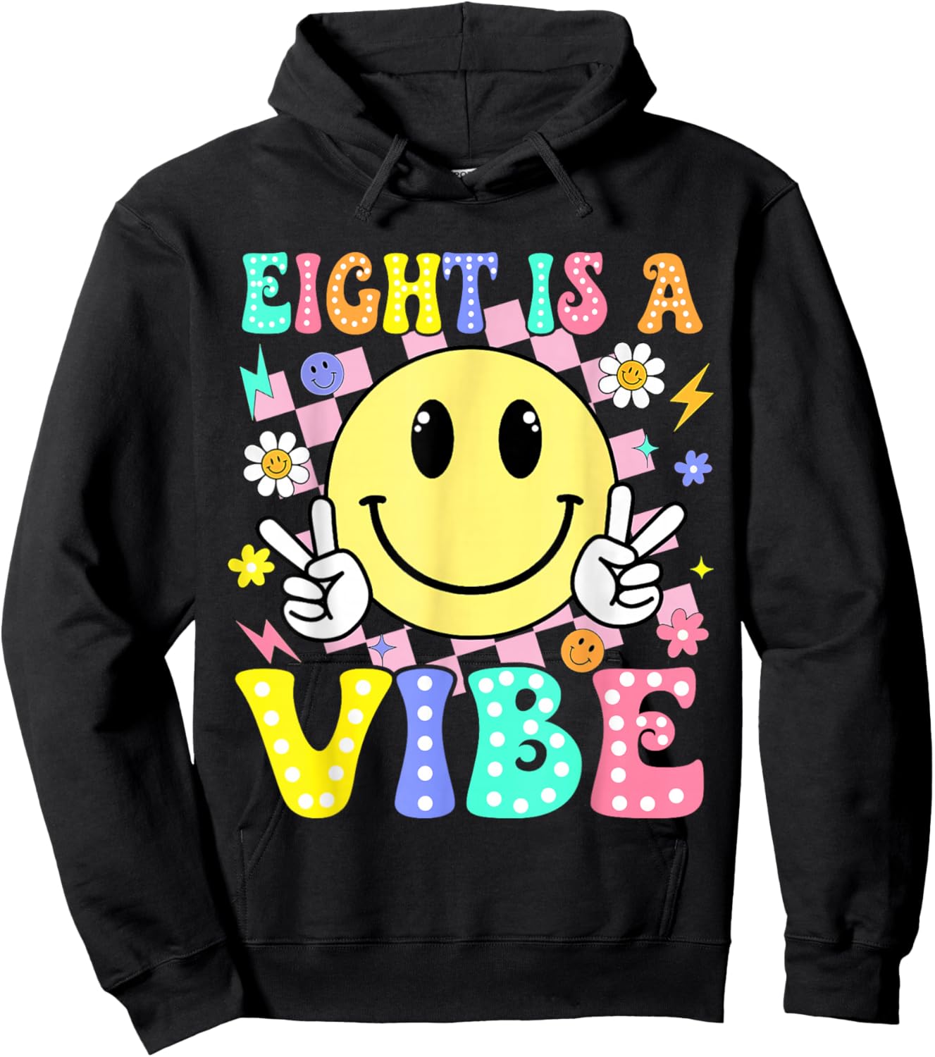 Eight is A Vibe 8th Birthday Smile Face 8 Year Old Boy Girl Hoodie - Hoodie | Black