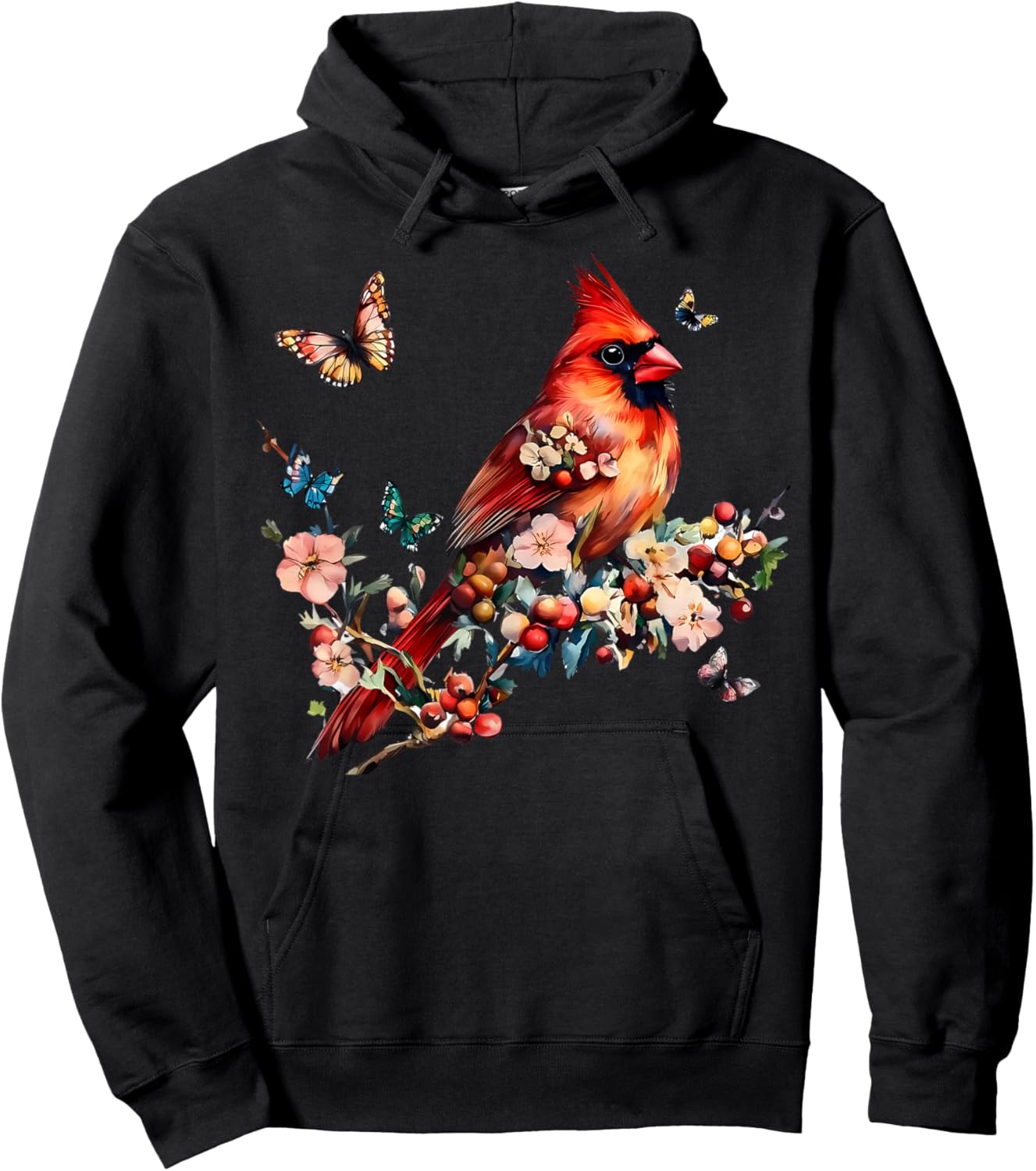 Vintage Red Cardinal Floral Butterfly Bird Animal Lovers Hoodie - Hoodie | Black