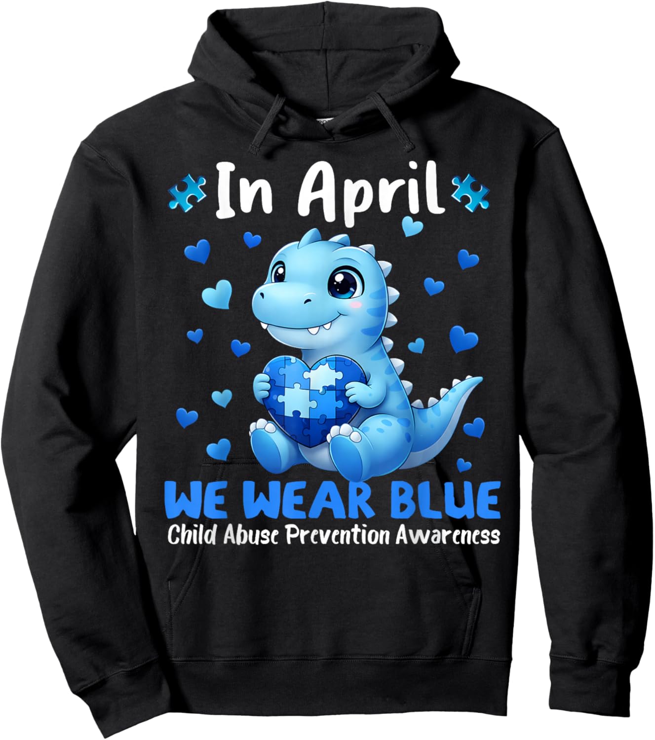 April We Wear Blue Puzzle Dinosaur Child Abuse Prevention Hoodie - Hoodie | Black