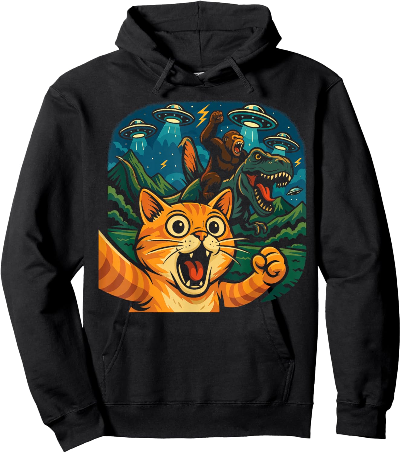 Funny Cat Selfie with T-Rex Gorilla UFO Hoodie - Hoodie | Black