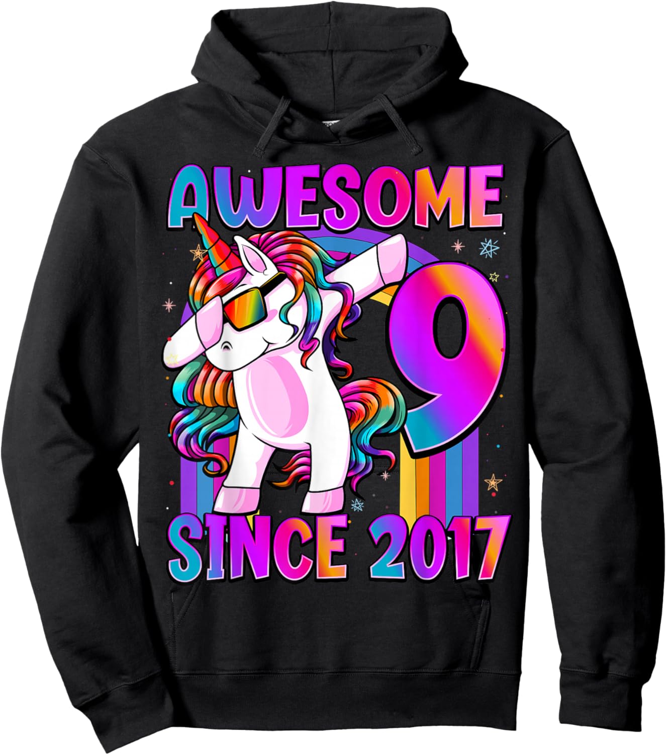 9 Year Old Girl Awesome Since 2017 Unicorn 9th Birthday Hoodie - Hoodie | Black