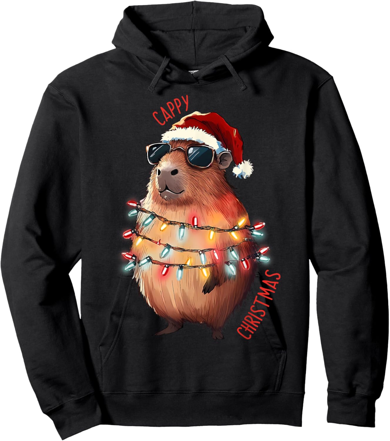 Cute Capybara Christmas Lights With sunglass Animal Lover Hoodie - Hoodie | Black