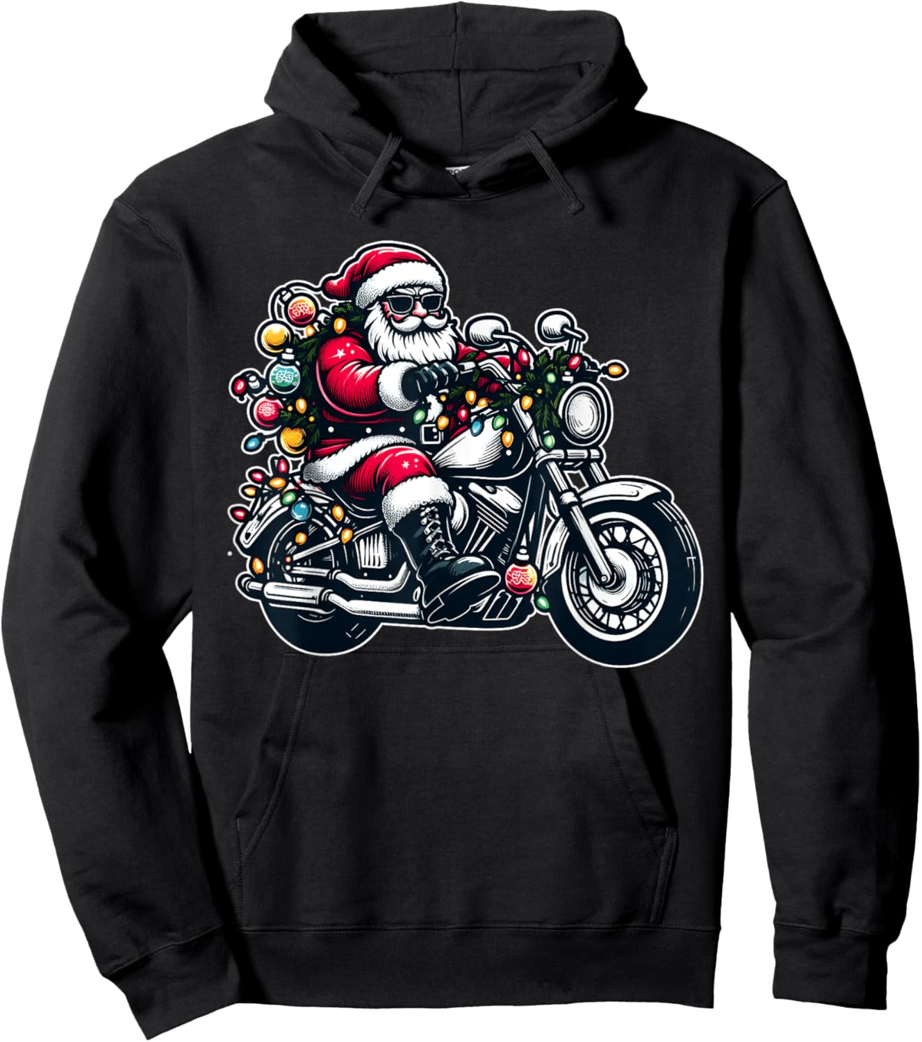 Santa Claus on Motorcycle Funny Biker Christmas Xmas Lights Hoodie - Hoodie | Black