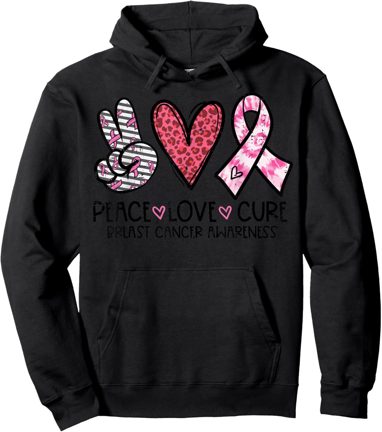 Breast Cancer Peace Love Cure Awareness Ribbon Women Men Kid Hoodie - Hoodie | Black