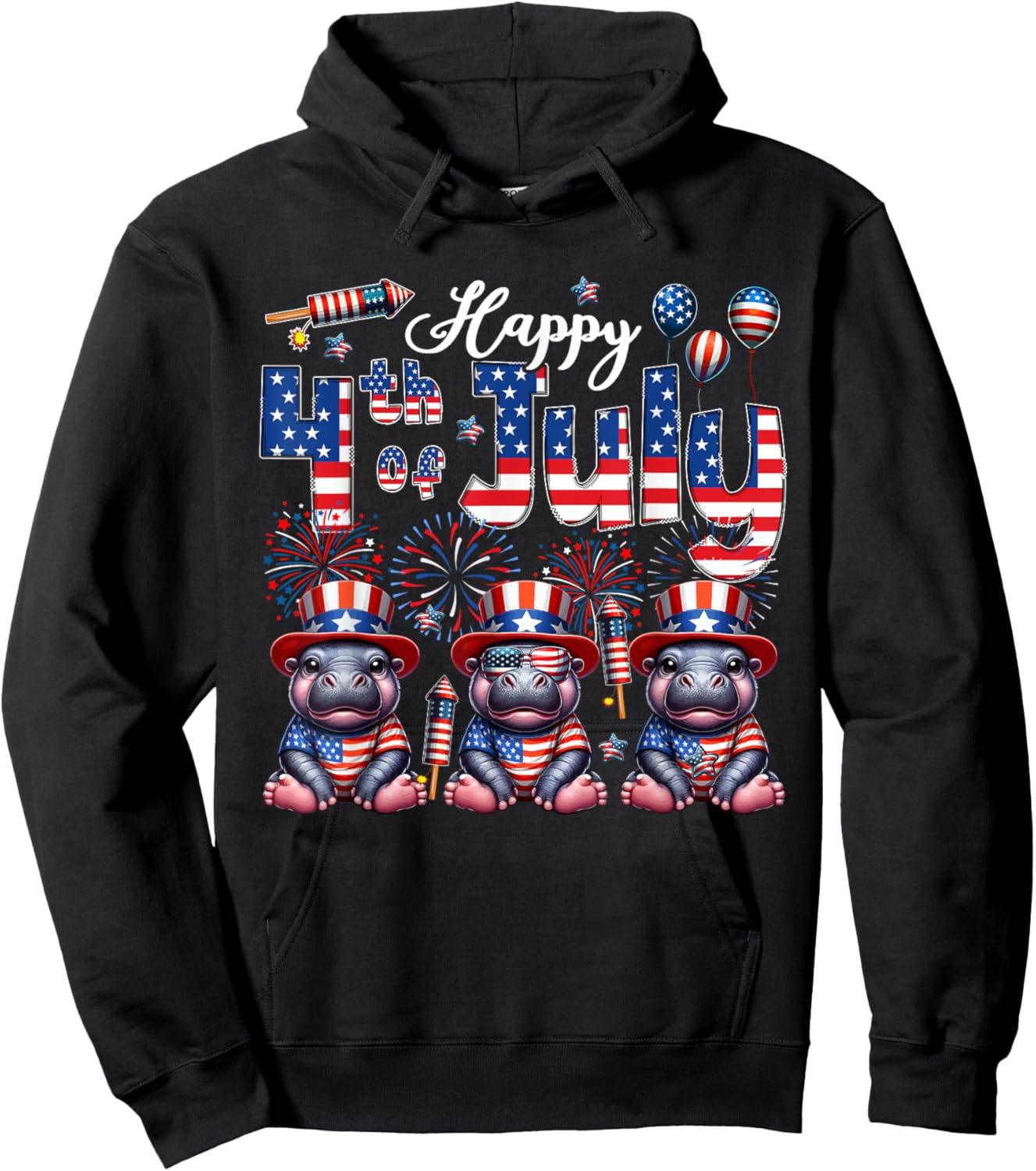 Happy 4th Of July Three Cute Hippos Sunglasses Flag Proud Hoodie - Hoodie | Black