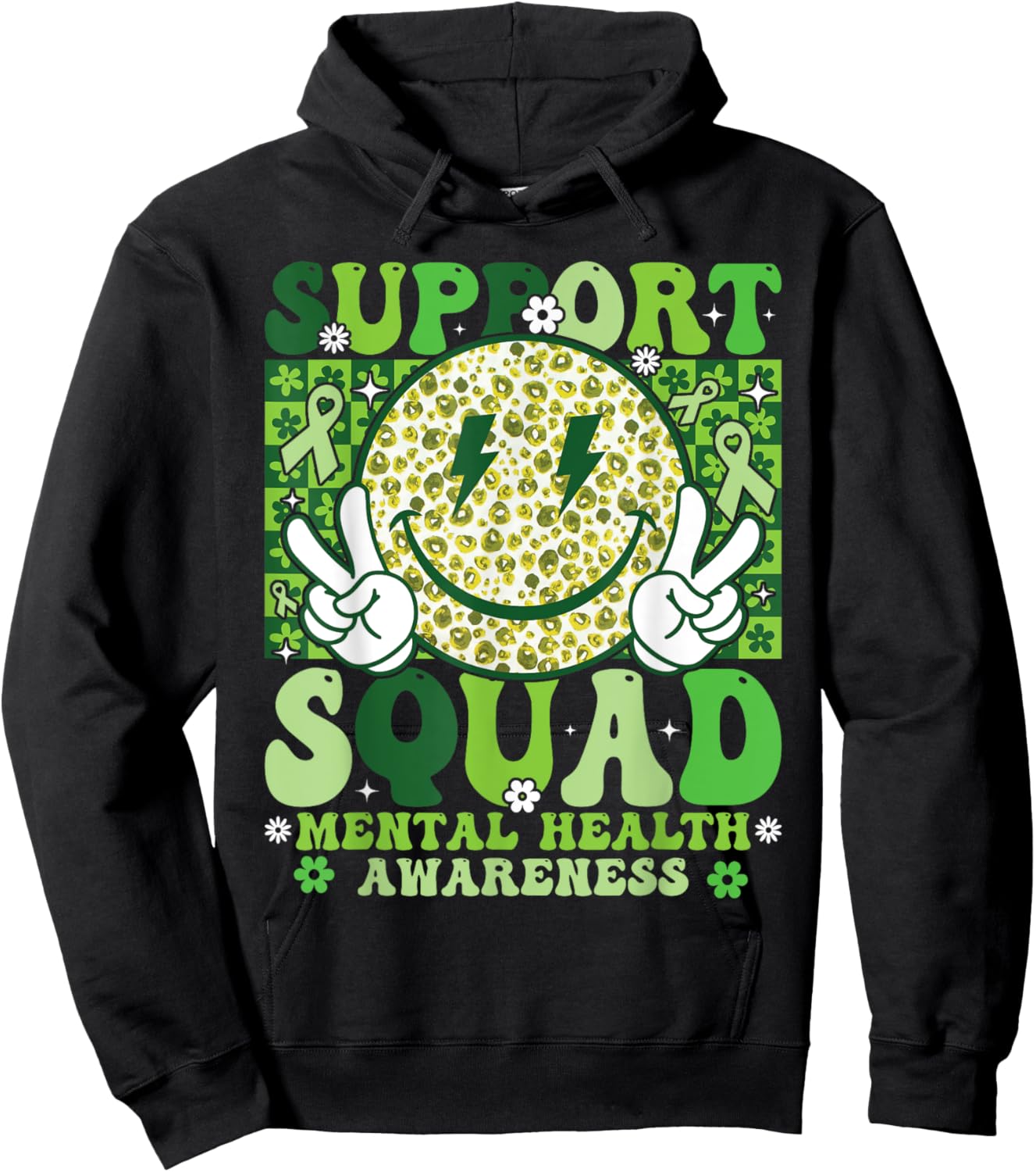 Support Squad Mental Health Awareness Month Smile Face Green Hoodie - Hoodie | Black