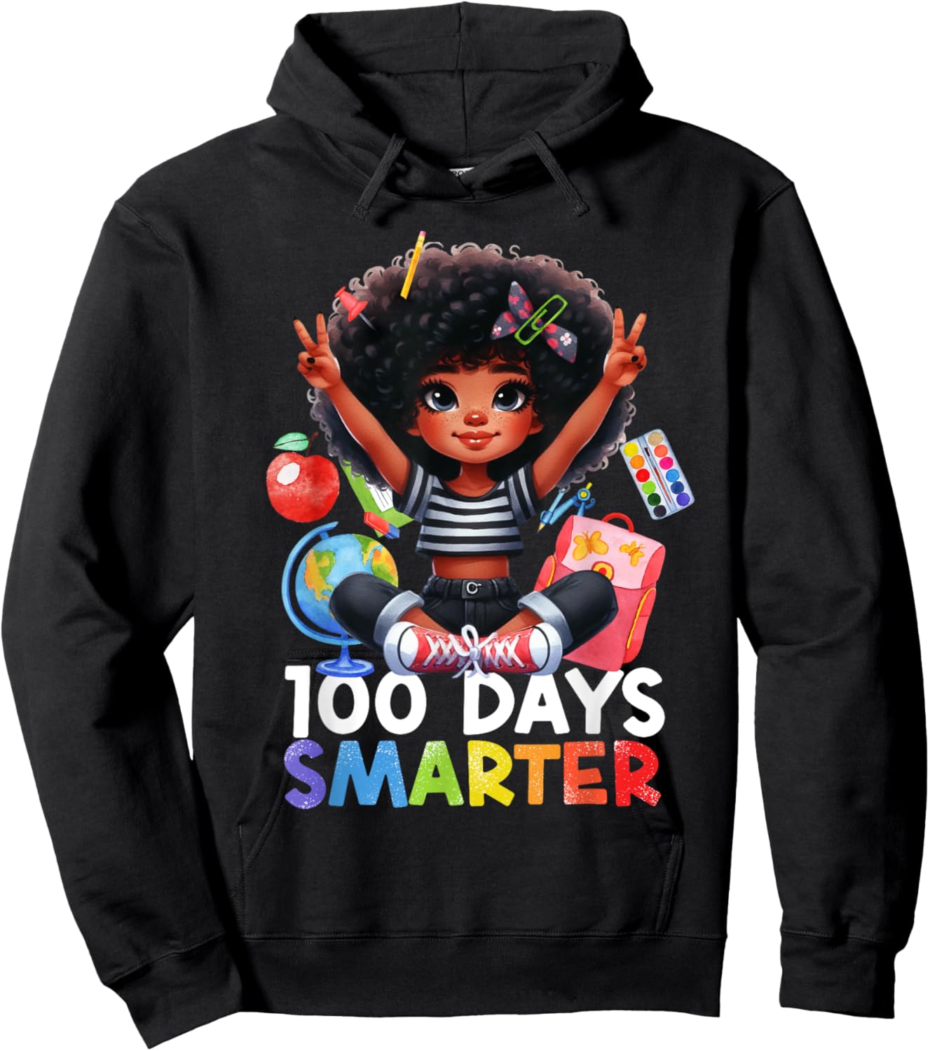 100th Day of School Afro Girls Messy Bun Hair Funny Girls Hoodie - Hoodie | Black