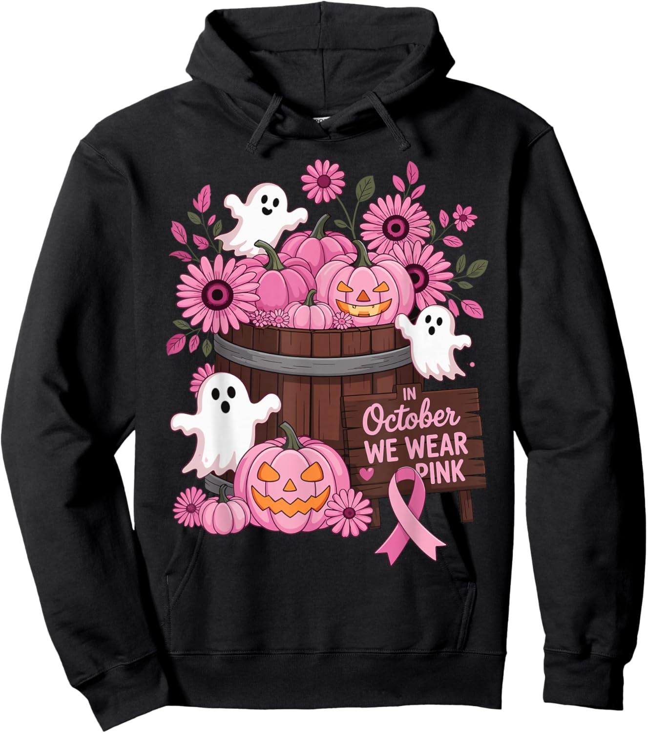 in October We Wear Pink Pumpkin Ghost Breast Cancer Survivor Hoodie - Hoodie | Black