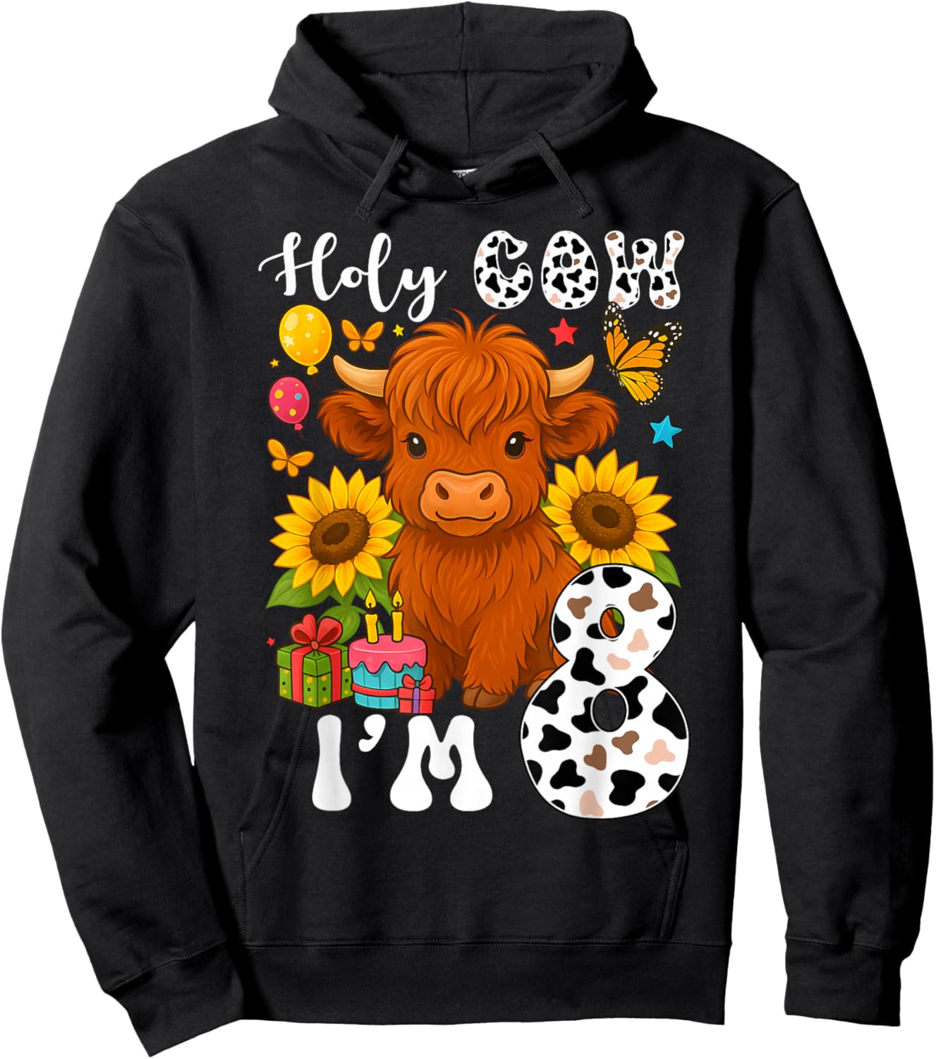 Holy Cow I'm 8 Years Old Farm Cow Sunflowers 8th Birthday Hoodie - Hoodie | Black