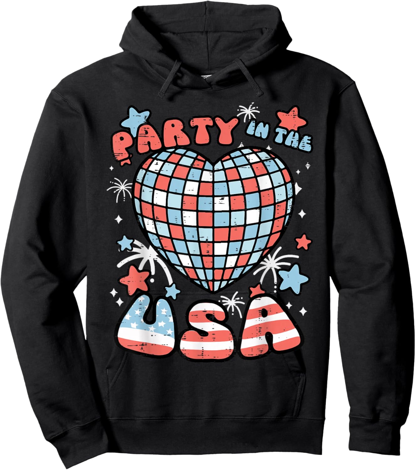 Party in The USA Disco Heart 4th of July Women Girls Kids Hoodie - Hoodie | Black