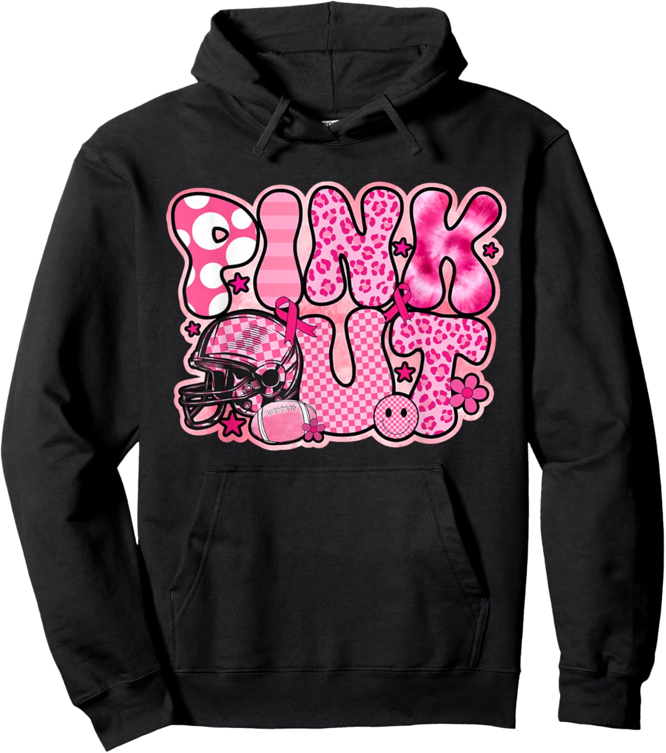 Retro Groovy Pink Out Football Breast Cancer Awareness Hoodie - Hoodie | Black