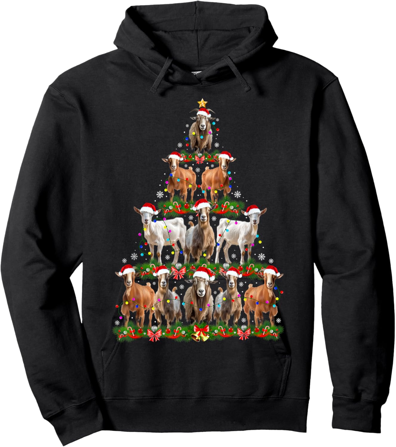 Goat Christmas Tree Lights Funny Xmas Family Men Women Hoodie - Hoodie | Black