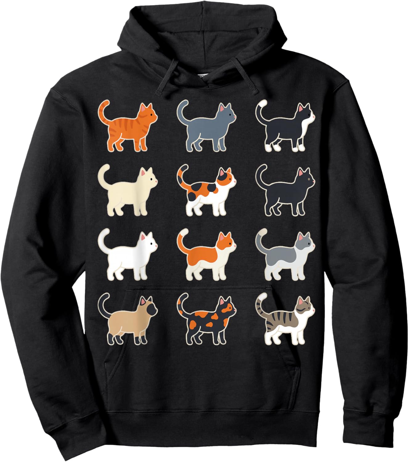 Cute Cat Illustration Grid Pattern Hoodie - Hoodie | Black