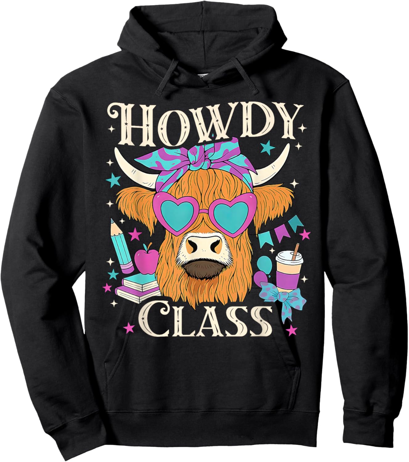 Highland Cow Howdy Class Western Cowboy Teacher Appreciation Hoodie - Hoodie | Black